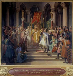 Terceira Cruzada: "O Rei Filipe Augusto (1165-1223) toma o oriflame Saint-Denis e recebe das mãos de seu tio Guilherme Archeveque de Reims e legado do Papa Clemente III, antes de sua partida para a