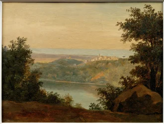 Lago Nemi; ao longe, a cidade de Genzano ...
