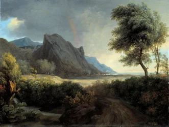 Paisagem montanhosa banhada pelo mar. Arco-íris. - Pierre de Valenciennes (1750-1819) Sol do século XIX. 0,4x0,53 m