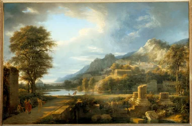 A antiga cidade de Agrigento na Sicília Pintura por Pierre de Valenciennes (1750-1819) Sol do século XIX. 1,1x1,64 m .