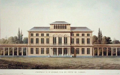 Castelo de Santo André, do Jardim, de "Choix des Monuments, Edifices et Maisons les plus remarquables du Royaume des Pays-Bas" de Pierre Jacques Goetghebuer, gravado por J.F. Van Gurdegom, publicado em 1827 (aquatint)