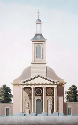 Igreja de St. Willebrord em Haia, de "Choix des Monuments, Edifices et Maisons les plus remarquables du Royaume des Pays-Bas" de Pierre Jacques Goetghebuer, gravada por A. Tellus, publicada em 1827 (aquatint)