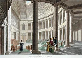 Interior da Academia de Liège, de "Choix des Monuments, Edifices et Maisons les plus remarquables du Royaume des Pays-Bas" de Pierre Jacques Goetghebuer, gravado por J.N. Chevron, publicado em 1827 (aquatint)