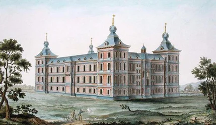 Chateau at Ronse, Bélgica, de "Choix des Monuments, Edifices et Maisons les plus remarquables du Royaume des Pays-Bas" de Pierre Jacques Goetghebuer, publicado em 1827 (aquatint) (ver também 189234)