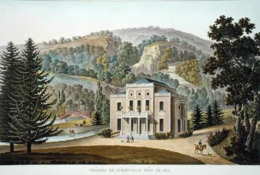 Chateau de Juslenville, perto de Spa, de "Choix des Monuments, Edifices et Maisons les plus remarquables du Royaume des Pays-Bas" de Pierre Jacques Goetghebuer, publicado em 1827 (aquatint)