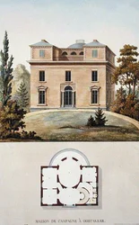 Country House at Oostakker, Bélgica, de "Choix des Monuments, Edifices et Maisons les plus remarquables du Royaume des Pays-Bas" de Pierre Jacques Goetghebuer, publicado em 1827 (aquatint)