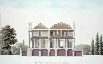 Secção transversal do Castelo de Wannagem, perto de Oudenarde, Bélgica, de "Choix des Monuments, Edifices et Maisons les plus remarquables du Royaume des Pays-Bas" de Pierre Jacques Goetghebuer, publicado em 1827 (aquatint) (ver também 186077)