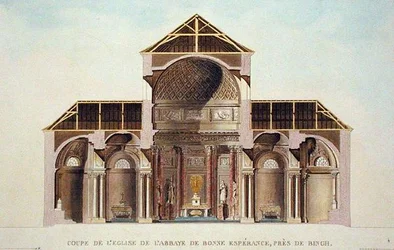 Secção transversal da Igreja Abadia de Bonne Esperance, perto de Binche, Bélgica, de "Choix des Monuments, Edifices et Maisons les plus remarquables du Royaume des Pays-Bas" de Pierre Jacques Goetghebuer, publicado em 1827 (aquatint)