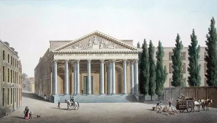 Palácio da Justiça, Bruxelas, de "Choix des Monuments, Edifices et Maisons les plus remarquables du Royaume des Pays-Bas" de Pierre Jacques Goetghebuer, publicado em 1827 (aquatint)