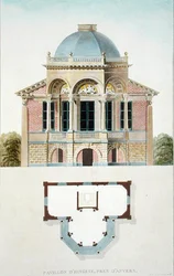Pavilhão do Hingene, perto de Antuérpia, de "Choix des Monuments, Edifices et Maisons les plus remarquables du Royaume des Pays-Bas" de Pierre Jacques Goetghebuer, publicado em 1827 (aquatint) (ver também 186053)