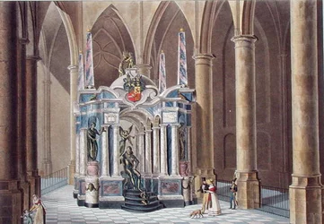 Túmulo de Guilherme I Príncipe de Laranja em Delft, de "Choix des Monuments, Edifices et Maisons les plus remarquables du Royaume des Pays-Bas" de Pierre Jacques Goetghebuer, publicado em 1827 (aquatint)