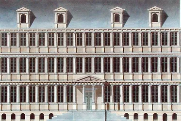 Câmara Municipal de Gand, de "Choix des Monuments, Edifices et Maisons les plus remarquables du Royaume des Pays-Bas" de Pierre Jacques Goetghebuer, publicado em 1827 (aquatint)