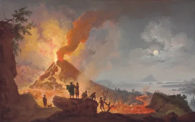Monte Vesúvio em erupção à noite, visto do Atrio del Cavallo com espectadores em primeiro plano, uma vista panorâmica da cidade e da Baía de Nápoles além