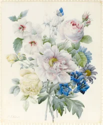 Um ramo de flores incluindo uma peônia, rosas, hibisco, ásteres, genciana e uma borboleta azul imaginária (grafite e wc com traços de goma arábica sobre grafite sobre velino)