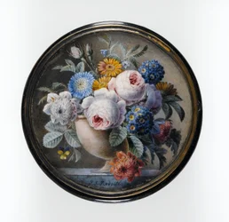 Caixa de Casco de Tartaruga com uma Miniatura de Flores em um Vaso de Pedra sobre uma Laje de Mármore, 1827 (wc e bodycolour no cartão, colocada sob o vidro em um monte de metal dourado)