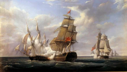Batalha da fragata francesa La Cannonière contra o navio inglês Le Tremendous em 21/04/1806. Pintura de Pierre Gilbert (1783-1860), 1832. 0,93 x 1,71 m