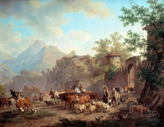 Partida dos rebanhos para a montanha Estreia dos trans-humanos. Pintura de Pierre Louis Larive (de la Rive) Godefroy (1735-1817) 1813 Geneve, Museu de Arte e História