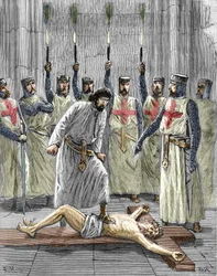 Heresia dos Templários: representação de uma cerimónia de entrada de um cavaleiro na ordem do templo, sendo os Templários, de acordo com as confissões publicadas após a sua prisão e julgamento em 1307, forçados a negar Cristo e a pisar a cruz durante um