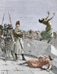 Seita ismailita do Oriente, ou assassinos, fundada por Hassan ibn al-Sabbah (1036-1124), conhecido como o Velho da Montanha, representado a ordenar a dois dos seus seguidores fanáticos que se matem, Alamut, Pérsia, cerca de 1096