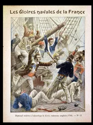 Robert Surcouf (1736-1827) embarca com sucesso no &39;Kent&39;, um barco pertencente à Companhia das Índias Ocidentais, ilustração de um livro de exercícios, do final do século XIX