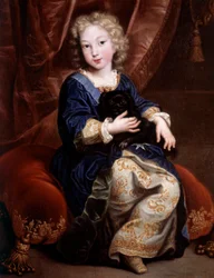 Retrato de Philippe de França, Duque de Anjou (1683-1746) (futuro Philip V de Espanha) retrata uma criança com o seu cão preto Pintura de Pierre Mignard (1612-1695)