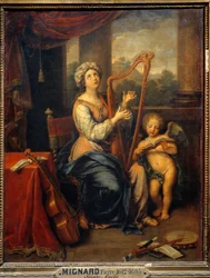 Santa Cecile cantando os louvores do Senhor A santa toca harpa e está rodeada de instrumentos. Pintura de Pierre Mignard (1612-1695) 1691 Sol. 0,74x0,56 m Paris, Musee du Louvre