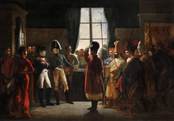 O czar Alexandre I apresentou os napolitanos, cossacos e basquitas do exército russo a Napoleão I, Tilsit