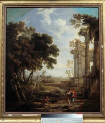 Moisés enterrou debaixo da areia o egípcio que tinha matado Moisés matou o egípcio que tinha atingido um hebreu. Pintura de Pierre Patel, o Pai (1605-1676). Dim. 0,94x0,84 m. Século XVII.