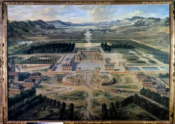 Vista do Castelo e dos Jardins de Versalhes, tirada da Avenida Paris em 1668 (óleo sobre tela)