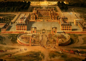 Vista, de, a, chateau, jardins, e, parque, de, versalhes, de, a, avenida, de, paris, detalhe, de, chateau, 1668, óleo, ligado, lona, detalhe, de, 81242