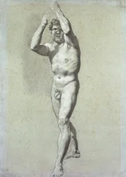 O estudo de um homem, com os dois braços erguidos sobre a cabeça, virou-se ligeiramente para a esquerda; Academia dos Homens, dois braços levantados acima da cabeça, vira ligeiramente para a esquerda,