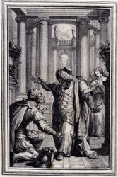 O pequeno Cão que atira dinheiro e pedras - em "Contos e contos em verso", de Jean La Fontaine. 1776. Ilustração de P.P. Choffard.