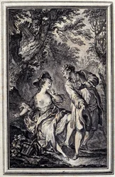 A promessa é uma, e a espera é outra. Em "Tales et nouvelles en vers" de Jean de La Fontaine, Amsterdam 1776. ilustrado por P.P.Choffard.