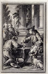 Conto de um camponês que ofendeu o seu Senhor - em "Contos e notícias em verso" de Jean La Fontaine. 1776. Ilustração de P.P. Choffard.