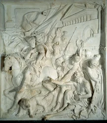 Alexandre o Grande (356 AC-323 AC) encontra o filósofo grego Diogene o Cínico (413 AC-327 AC) em seu barril" Bas relief marble de Pierre Puget (1620-1694) 1693. Da Salle des cent Suisse (Louvre). Paris, Museu do Louvre