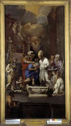 O baptismo de Constantino: O Imperador Caio Flávio Valério Aurélio Constantino recebe o sacramento do Papa Silvestre I (Santo), na Basílica de São João de Latrão, em Roma.
