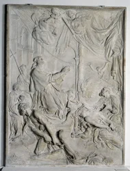 baixo relevo da Peste de Milão - São Carlos Borromeo (San Carlo Borromeo) (1538-1584, Cardeal e Arcebispo de Milão) rezando (mármore)