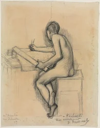 Estudo de um desenho de modelo feminina nua sentada
