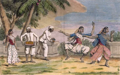 Uma trupe de Bayaderes, ou dançarinas indianas, com músicos do sexo masculino, ilustração de "Viagem às Índias e à China", gravada por Poisson, 1782 (gravura a cores)