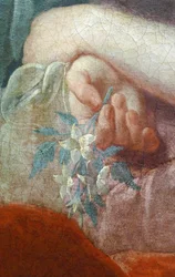 Mão de uma jovem mulher segurando um ramo florido. Detalhe do Retrato de Madame Poulhariex e da sua filha, por volta de 1728 (óleo sobre tela)