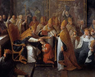 A coroação de Luís XV Rei Luís XV (1710-1774) foi coroa e sagrada em 25/10/1722 na catedral de Reims pelo Arquivo de Reims na presença do Regente, do Duque de Orleans (1674-1723) e de uma grande multidão. Detalhe de Pintura de Pierre Sub