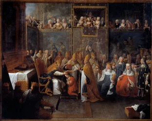 A coroação de Luís XV Rei Luís XV (1710-1774) foi coroa e sagrada em 25/10/1722 na catedral de Reims pelo Arquivo de Reims na presença do Regente, do Duque de Orleans (1674-1723) e de uma grande multidão. Pintura de Pierre Subleyras (16