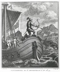 Pantagruel mata Physeter, ilustração de &39;Gargantua and Pantagruel&39;, de François Rabelais