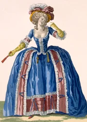 Vestido em estilo inglês, em azul eléctrico, com rebordos bordados a borro, gravado por Bacquoy, prato no.182 da Galeries des Modes et Costumes Francais, c.1778-87 99: vestuário;