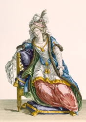 Senhora "Hábito à Sultão", gravada por Patas, placa nº 107 de "Galeries des Modes et Costumes Francais", c.1778-87 99: vestuário; vestido tradicional; traje tradicional; moda; Eu