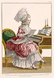 Jovem, mulher, estudar, música, em, dela, cravo, prato, 149, de, &39;Galerie, des, modes, e, trajes, Francais&39;, gravado, por, J., Pelicier, 1778