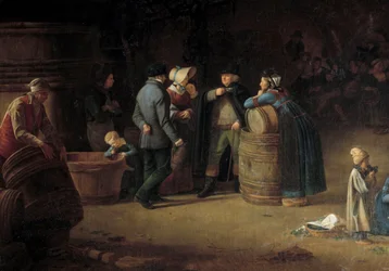 Um proprietário visita a sua adega na Borgonha. Um viticultor verifica o estado da produção de vinho na sua vinha. Pormenor. Século XIX. Beaune