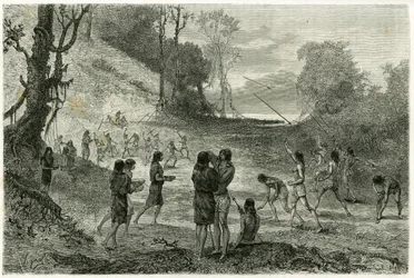 Jogos de Javelin entre 2 tribos de Zaparros, os homens praticam e as mulheres andam sem medo pelos jogadores e servem-lhes bebidas. Gravado por Vignal, para ilustrar a história "Amazon e Cordilleres".