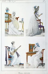 Retratos de mulheres do período Conselho Executivo envolvidas em diversas atividades artísticas e sociais. Placa retirada da colecção "Collection de meubles et objets de taste" de Pierre de la Mesangere (1761-1831). 1802. Paris. Artes Decorativas
