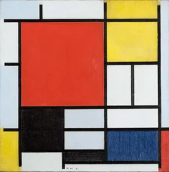Composição com grande plano vermelho, amarelo, preto, cinzento e azul